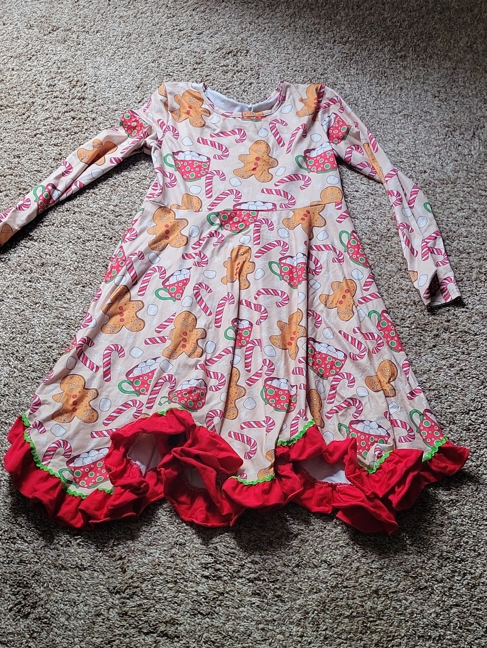 Girls' Pink Holiday Gingerbread Print Long-Sleeve Boutique Dress